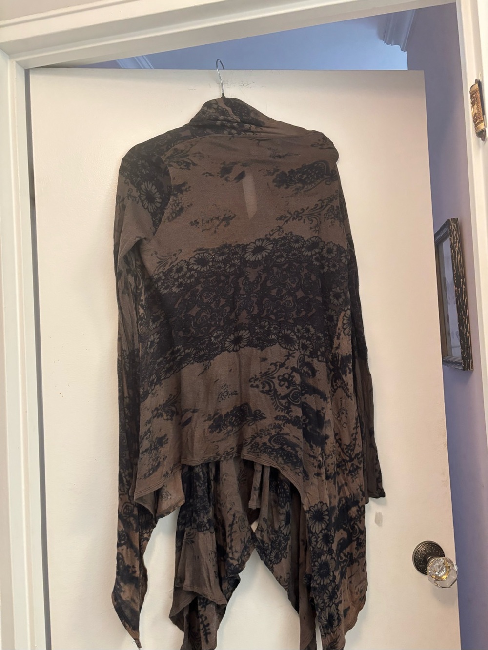 All Saints Brown Racerback Handkerchief-Hem Dress Black Floral Print w cardigan - Picture 9 of 9